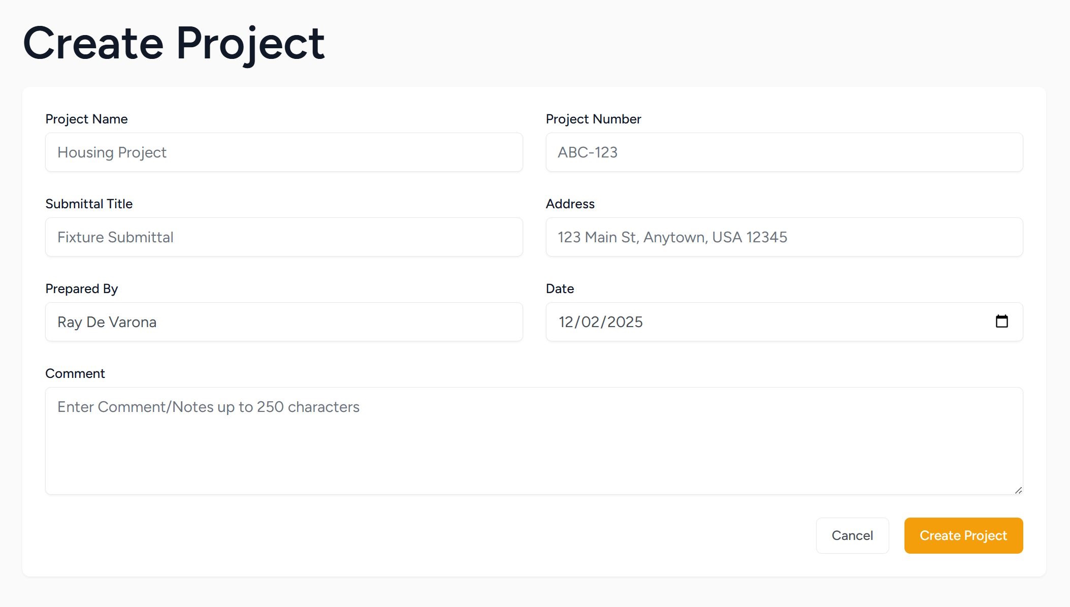 Create a submittal project