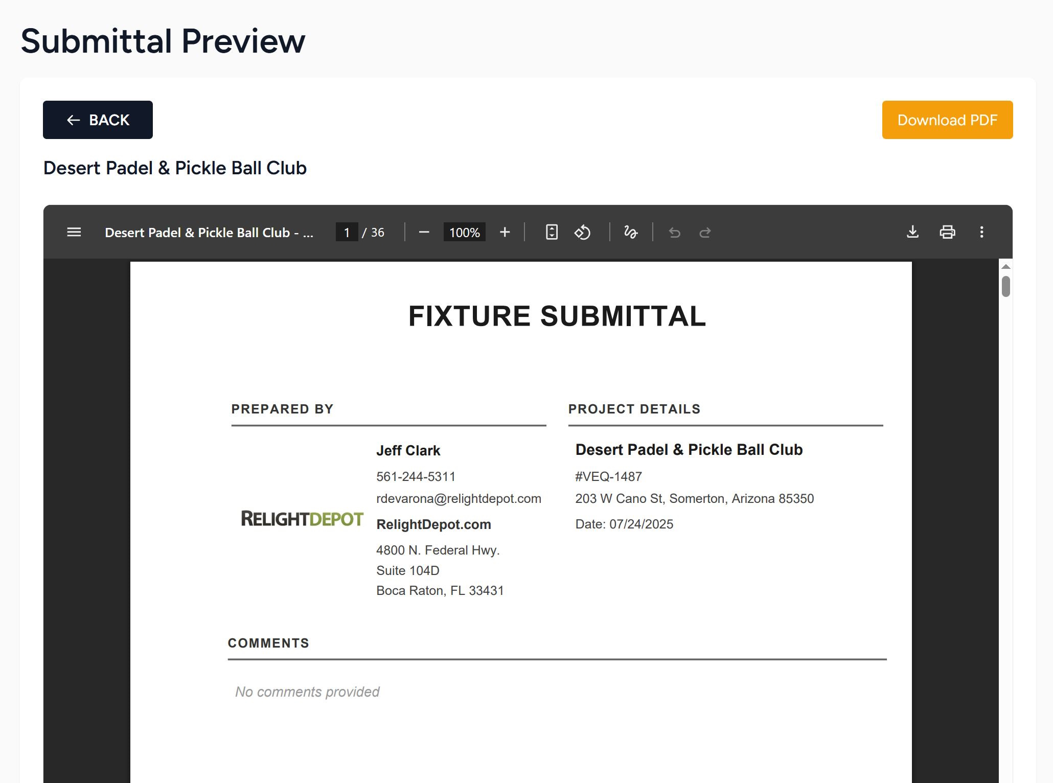 Export a clean submittal document with cover page, index, section headers and your branding.